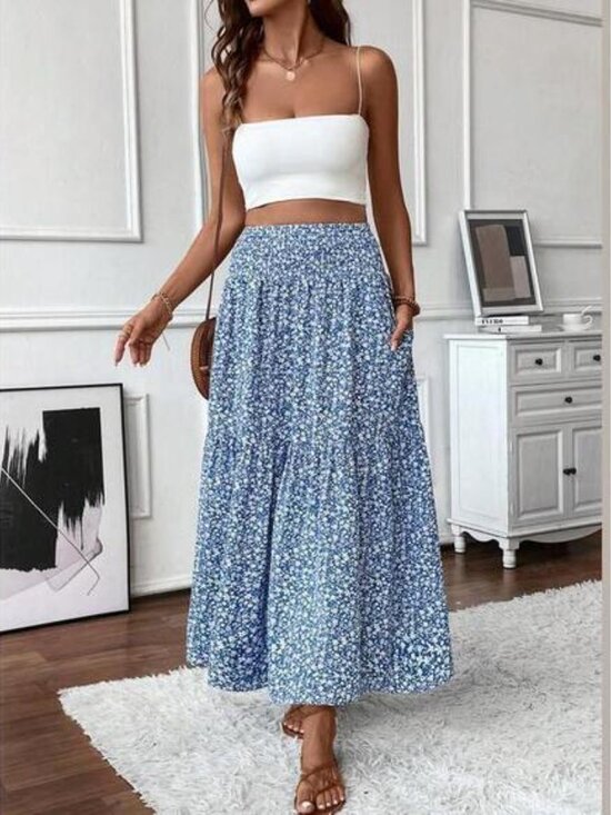 Women's Long Ditsy Floral Skirt, Casual Elastic Waist With Pockets, Ruffle Hem, - Picture 5 of 6